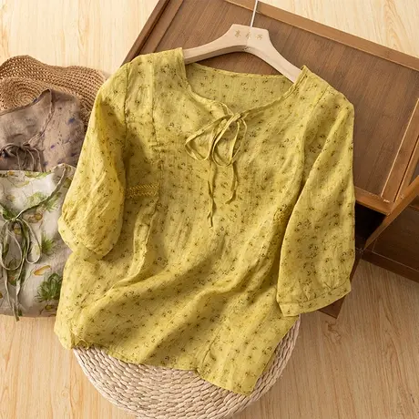 享永子七分袖碎花苎麻衬衫女夏文艺复古棉麻上衣气质小衫2024新款商品大图