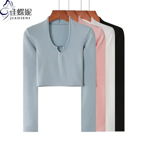 春季新款韩版圆领纯棉修身显瘦纯色短款长袖体恤上衣内搭女打底衫商品大图