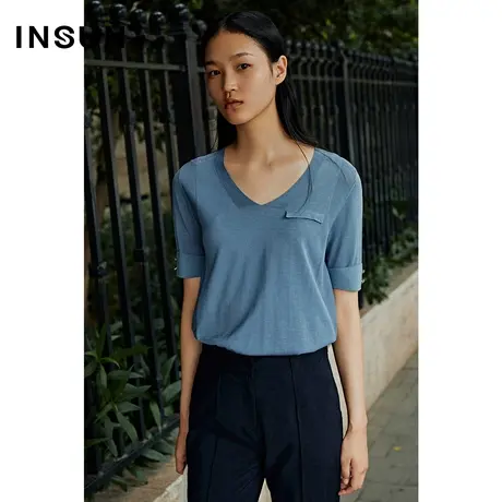 INSUN恩裳夏季V领修身薄款短袖针织衫商品大图