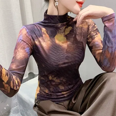 气质扎染印花T恤女长袖性感网纱半高领上衣洋气修身透气打底衫ins商品大图
