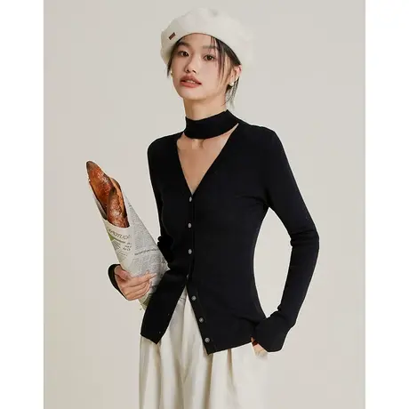 弥古黑色v领针织上衣修身女春秋法式挂脖内搭显瘦打底小衫高级感商品大图