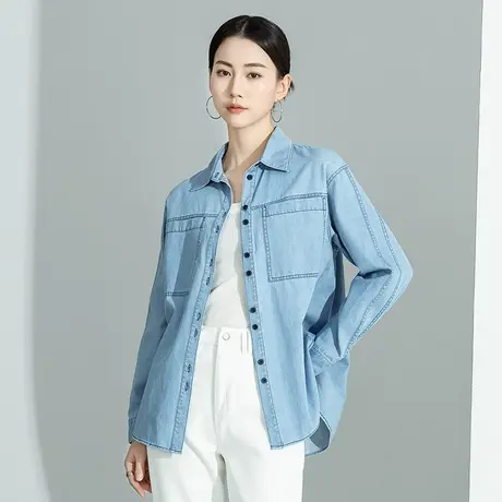 时尚牛仔衣女外套2023新款春季女装蓝色衬衣女设计感小众法式衬衫图片