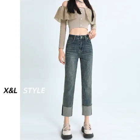 复古蓝烟管牛仔裤女早秋季2023年新款设计感撞色小个子直筒法棍裤图片