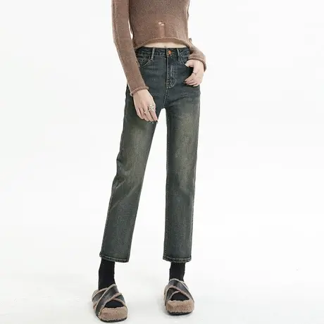 复古高腰直筒牛仔裤女春秋2024年新款显瘦法棍裤小个子九分烟管裤图片