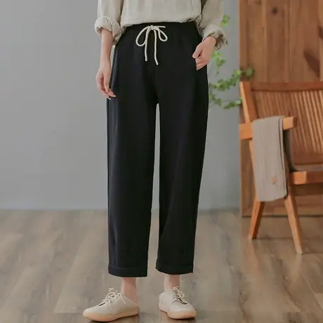 dza 高腰显瘦宽松直筒裤子女春秋黑色九分裤阔腿休闲裤百搭哈伦裤图片