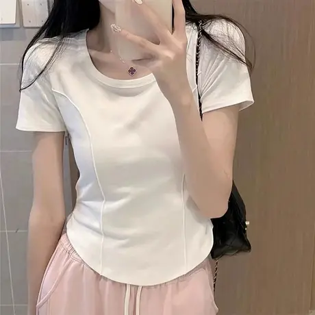 基础款正肩修身白色t恤女短袖2023夏季新款鱼骨纯色打底衫短上衣图片