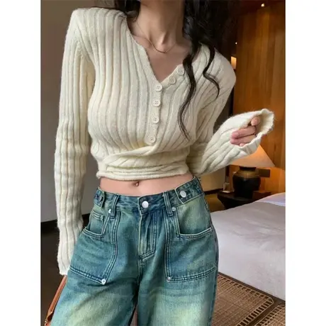 韩国东大门时尚百搭设计感交叉绑带小V领排扣垫肩长袖针织上衣潮商品大图