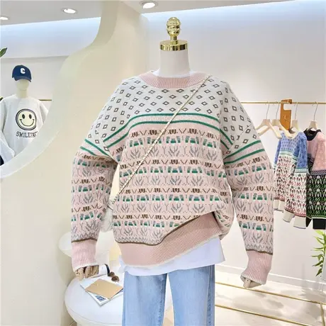 复古民族风织花菱形格圣诞加厚舒适宽松韩版套头针织毛衣女内搭图片