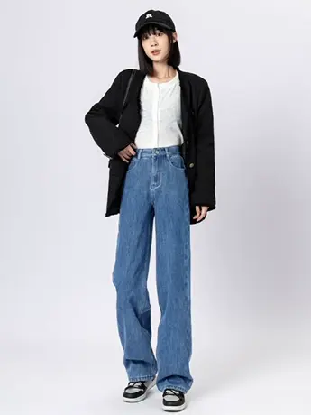 清仓捡漏外贸复古休闲春秋季阔腿牛仔裤女直筒宽松高腰拖地裤图片