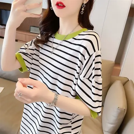 小众设计感短袖t恤女夏季韩版宽松小个子百搭撞色条纹半袖上衣服图片