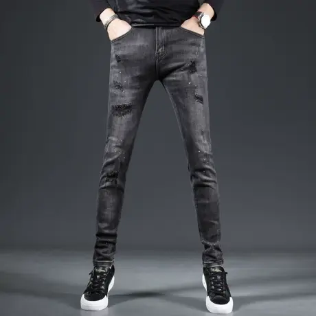 破洞牛仔裤男款2023新款秋季修身小脚裤黑灰色时尚潮牌男士长裤子商品大图