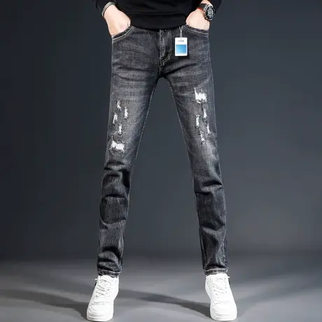高街牛仔裤男2023秋冬新款灰色破洞补丁修身小脚弹力百搭男士长裤商品大图