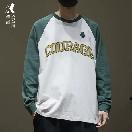 希越260g美式重磅长袖T恤男纯棉撞色拼接春秋大码宽松刺绣打底衫商品大图