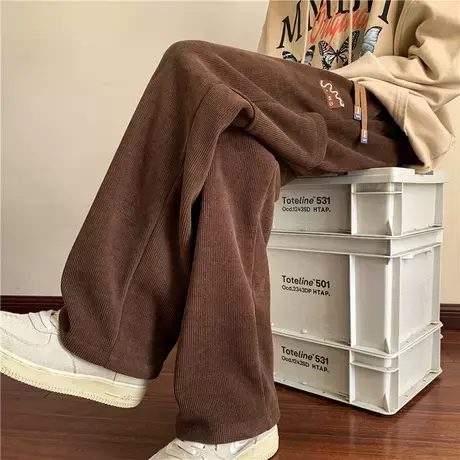 棕色灯芯绒裤子男春秋款美式潮牌高街垂感美拉德穿搭宽松直筒长裤商品大图