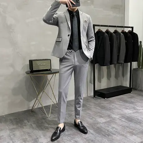 高级感灰色西装男休闲大码韩版新郎西服套装痞帅修身职业西服外套商品大图