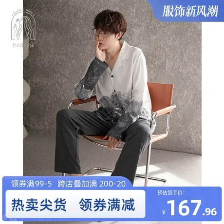 妮狄娅新品睡衣男秋季纯棉长袖简约翻领开衫时尚春秋款家居服套装商品大图