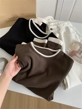 糯米绒假两件T恤女双面磨毛加厚德绒圆领长袖小个子打底衫23秋冬商品大图