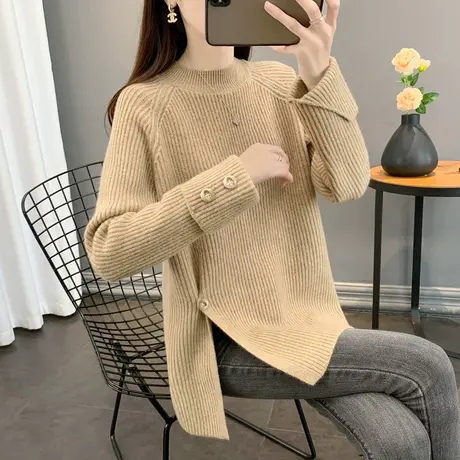 2023秋冬季新款中长款半高领毛衣女宽松外穿加厚保暖套头打底衫女图片