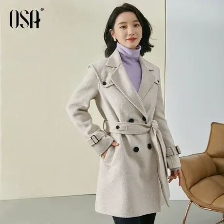 OSA欧莎双面呢毛呢外套女秋冬季2021年新款小个子中长款呢子大衣图片