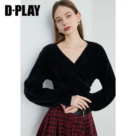 DPLAY冬通勤短款V领落肩长袖黑色保暖绒感仿貂毛针织毛衣图片