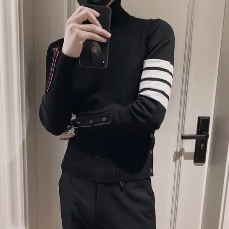 秋冬毛衣针织衫打底衫修身潮流高领条纹潮牌体恤社会小伙帅气ins商品大图