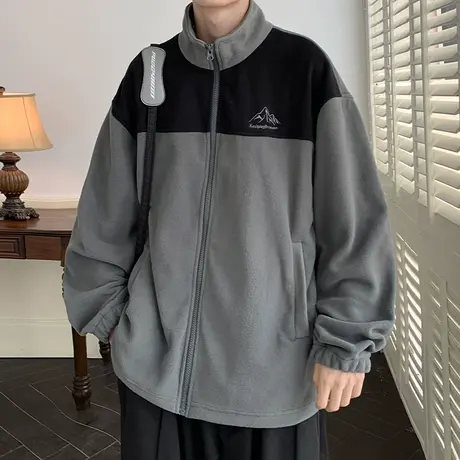 拼色立领外套男春秋潮牌宽松休闲摇粒绒夹克男秋冬款德绒开衫卫衣商品大图