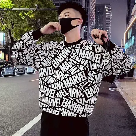 重磅美式个性满印花休闲卫衣男秋季花色发型师上衣套头衫长袖打底商品大图