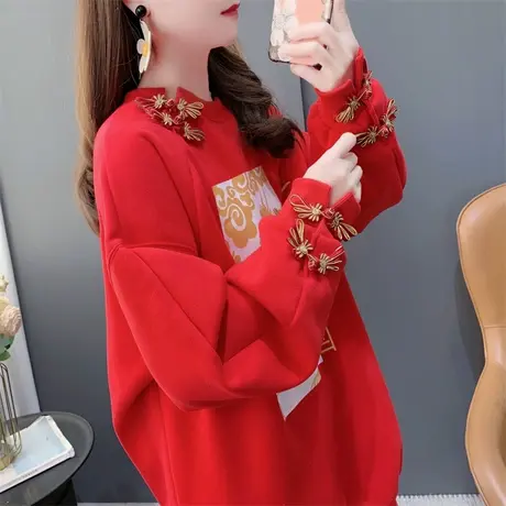 新年红色加绒加厚圆领卫衣女秋冬2023年新款宽松中长款国潮风上衣商品大图