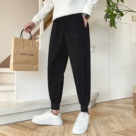 加绒卫裤男冬季2024纯色个性拉链束脚休闲裤设计感宽松运动哈伦裤商品大图