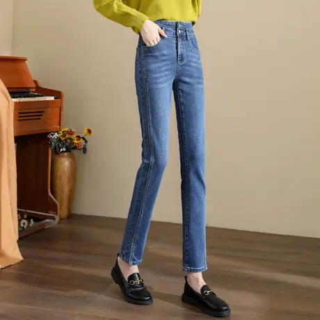 唐狮秋冬季新款牛仔裤女高腰显瘦小脚裤女弹力时尚排扣烟管裤TJ商品大图