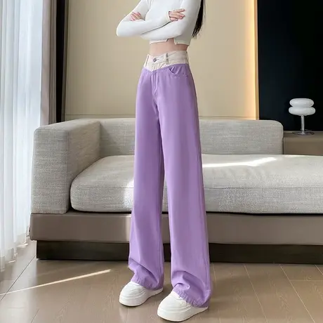 拼色窄版阔腿牛仔裤女春秋新款高腰宽松显瘦直筒梨型身材女裤子潮商品大图