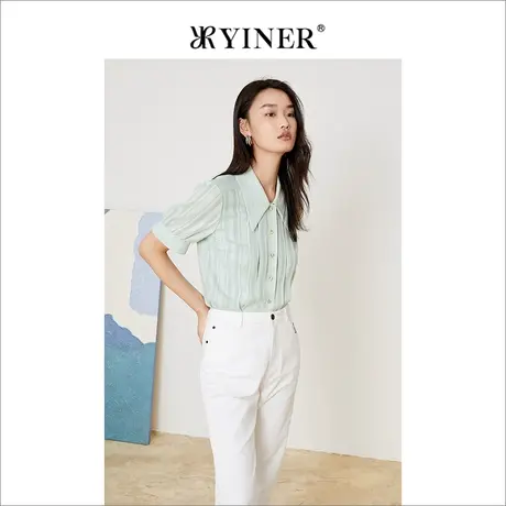 YINER音儿线上专选女装2022夏季印花条纹雪纺短袖衬衫商品大图