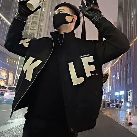 春季工装立领夹克男2024新款潮牌宽松痞帅美式刺绣字母冲锋衣外套商品大图