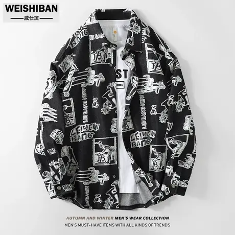 2024新款港风ins街头趣味宽松休闲衬衣男慵懒风字母提花牛仔衬衫图片