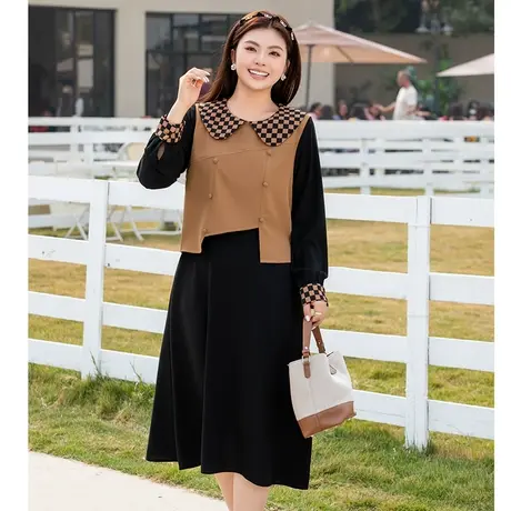 显瘦大码胖MM连衣裙春装新款法式黑色假两件马甲气质高级感茶歇裙商品大图