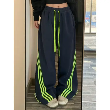 设计感小众条纹运动休闲裤女春秋薄款百搭宽松高腰阔腿拖地卫裤子商品大图