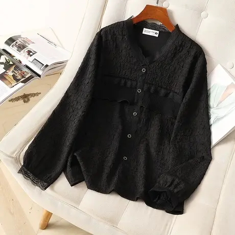 2024年春季新款女装韩版胖mm大码上衣木耳边拼接显瘦百搭蕾丝衫女图片