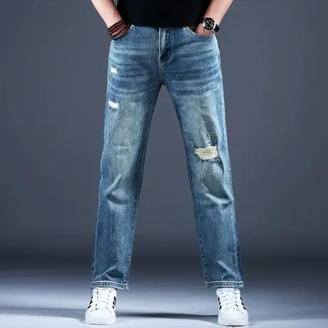 新款男士牛仔裤子简约蓝色修身刺绣宽松直筒裤棉弹2024破洞潮流裤图片