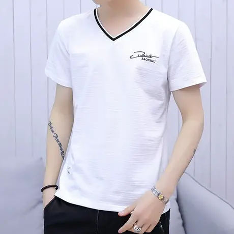 短袖T恤男V领夏季韩版修身纯棉白色百搭男士鸡心领半袖体恤打底衫图片
