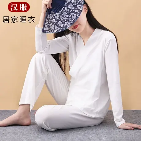 汉服睡衣套装古风系带斜门襟居家服中式交领寝衣八段锦白色商品大图