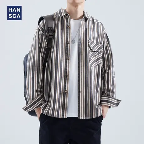 hansca竖条纹衬衫男长袖潮牌秋季新款纯棉高级感翻领休闲口袋上衣商品大图