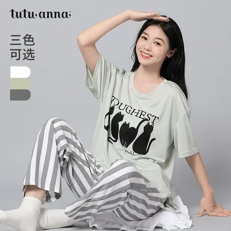 tutuanna春夏家居服睡衣女 纯棉猫咪印花短袖上衣条纹长裤套装女图片