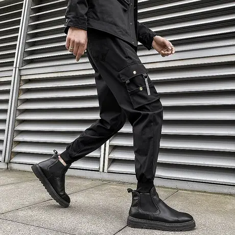 网红暗黑系机能工装裤男潮牌束脚男裤ins潮流百搭黑色裤子男休闲图片