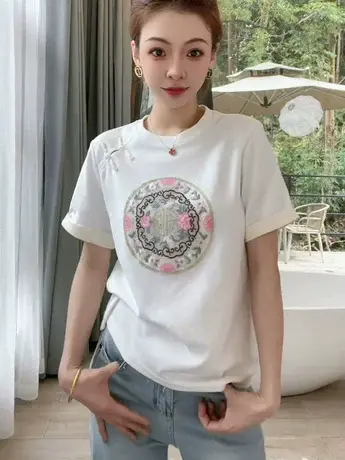 国风新中式短袖t恤女夏季2024新款设计感小众独特别致减龄上衣女图片