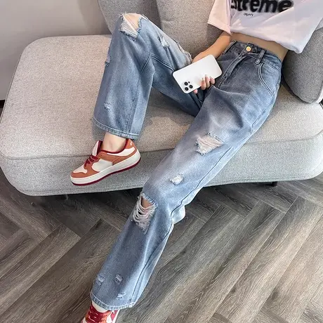 美式高街破洞牛仔裤女2024春夏季新款高腰显瘦直筒拖地阔腿拖地裤商品大图