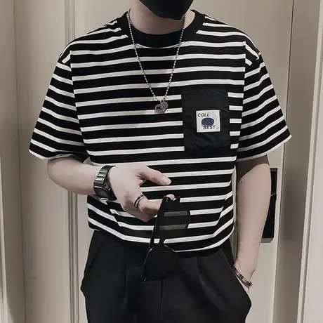 条纹T恤男夏季潮流韩版ins网红休闲短袖体恤衫潮牌男装t恤半截袖商品大图