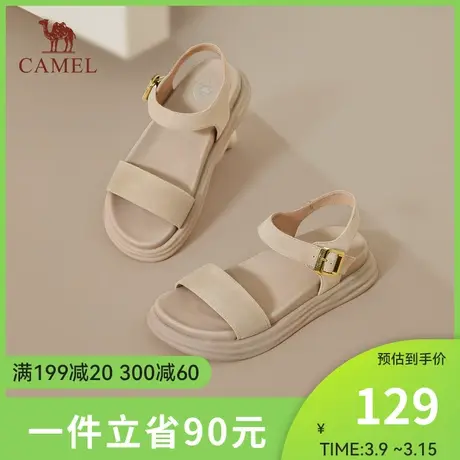 骆驼女鞋2024夏季新款平底一字带凉鞋时尚厚底真皮厚底休闲凉鞋图片