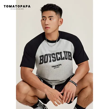 TOMATOPAPA美式插肩短袖宽松潮流字母印花青年排汗棉体恤情侣上衣商品大图