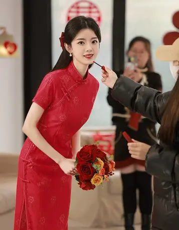 敬酒服新娘旗袍结婚酒红色订婚礼服裙长袖中式回门便装蕾丝结婚女商品大图