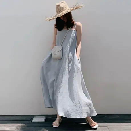 夏装棉麻背带裙女韩版宽松大码过膝长款吊带娃娃裙学生亚麻连衣裙图片